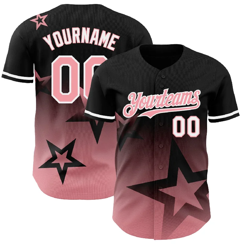 Baseball Jersey for Comfortable Design and Fit-Custom Black Medium Pink-White 3D Pattern Design Gradient Style Twinkle Star Authentic Baseball Jersey