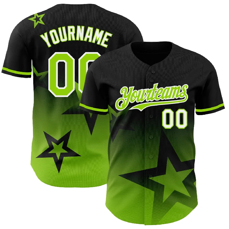 Baseball Jersey with Enhanced Stretch for Play-Custom Black Neon Green-White 3D Pattern Design Gradient Style Twinkle Star Authentic Baseball Jersey