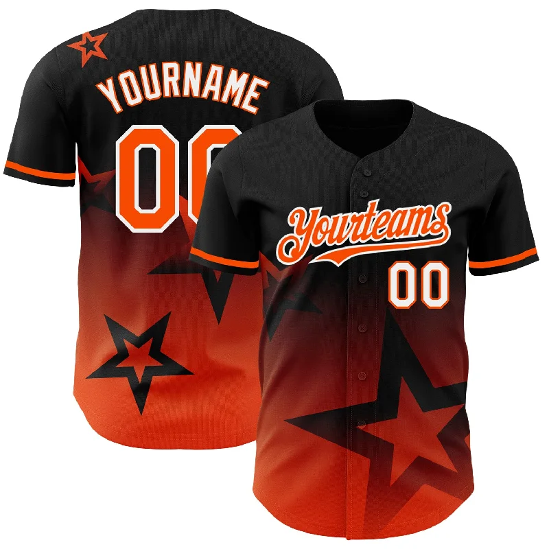 Baseball Jersey for Improved Movement and Performance-Custom Black Orange-White 3D Pattern Design Gradient Style Twinkle Star Authentic Baseball Jersey