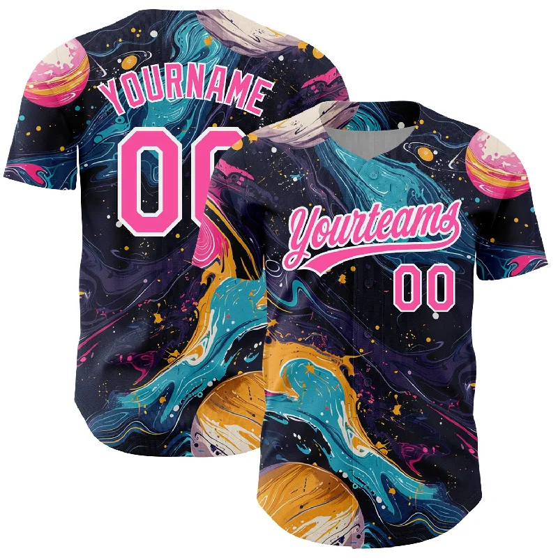 Baseball Jersey for Training and Matches-Custom Black Pink-White 3D Pattern Design Abstract Liquid Painting Authentic Baseball Jersey