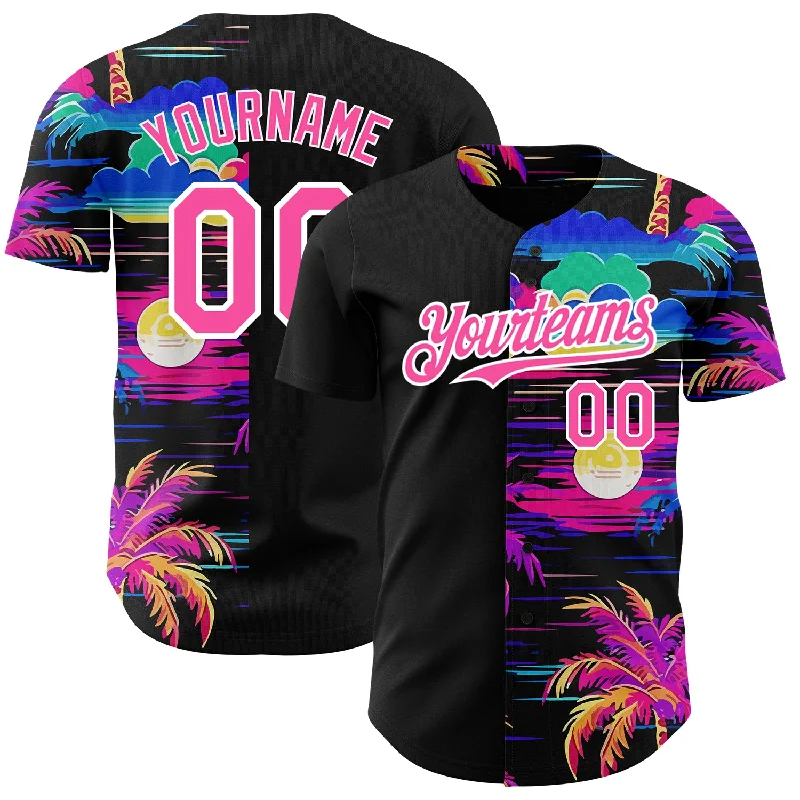 Baseball Jersey for Youth and Adult Players-Custom Black Pink-White 3D Pattern Design Beach Hawaii Palm Trees Authentic Baseball Jersey