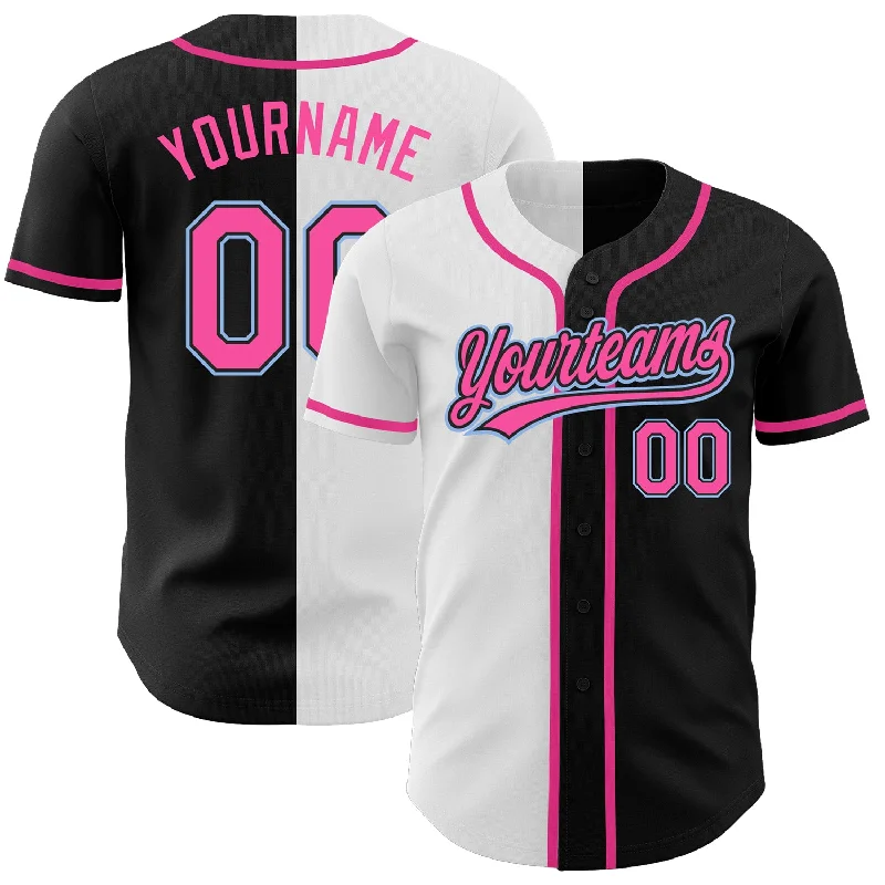 Baseball Jersey with Stretchable Fabric for Comfort and Support-Custom Black Pink White-Light Blue Authentic Split Fashion Baseball Jersey