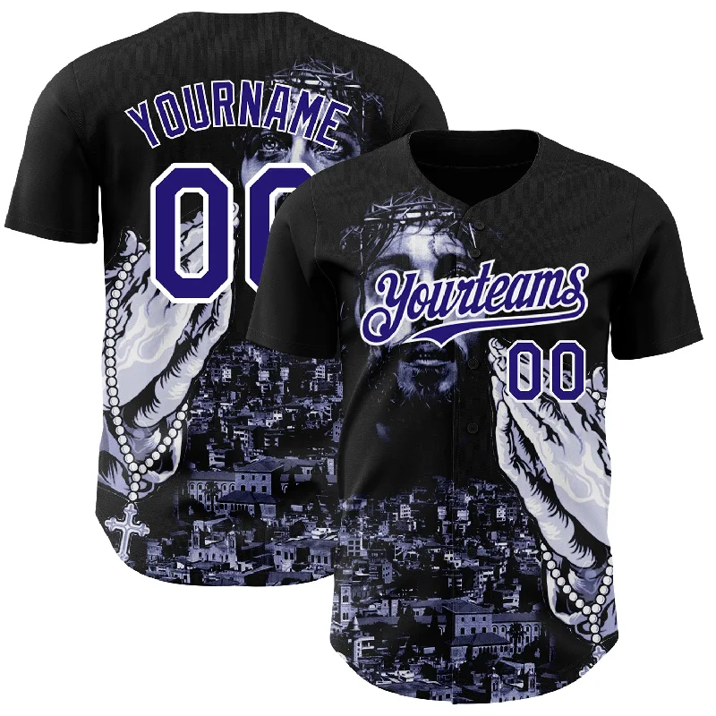 Baseball Jersey with Enhanced Stretch for Play-Custom Black Purple-White 3D Pattern Design Religion Jesus Christ Authentic Baseball Jersey