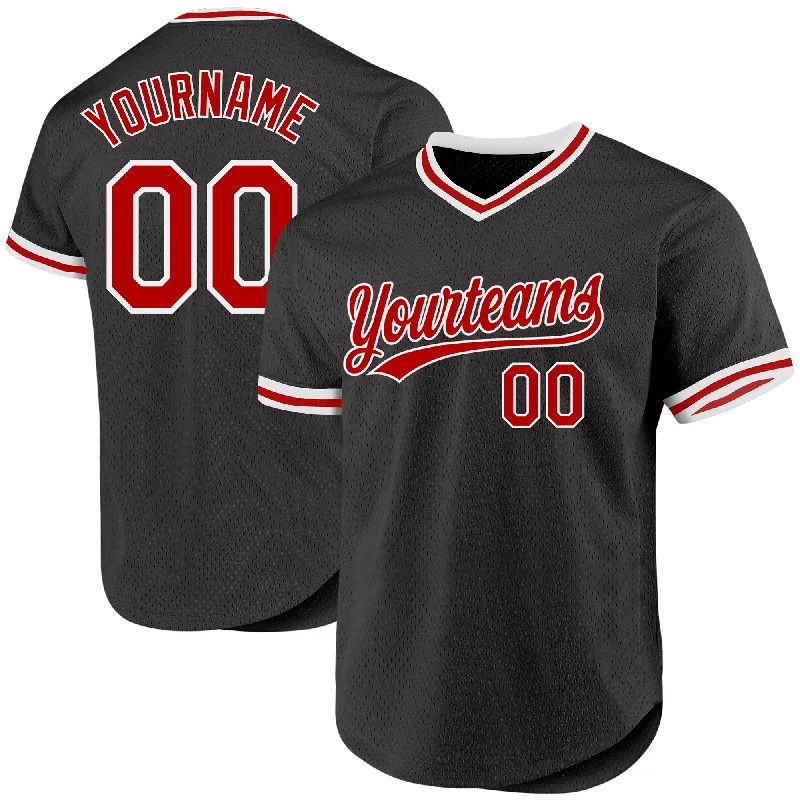 Baseball Jersey with Breathable Panels for Cooling-Custom Black Red-White Authentic Throwback Baseball Jersey