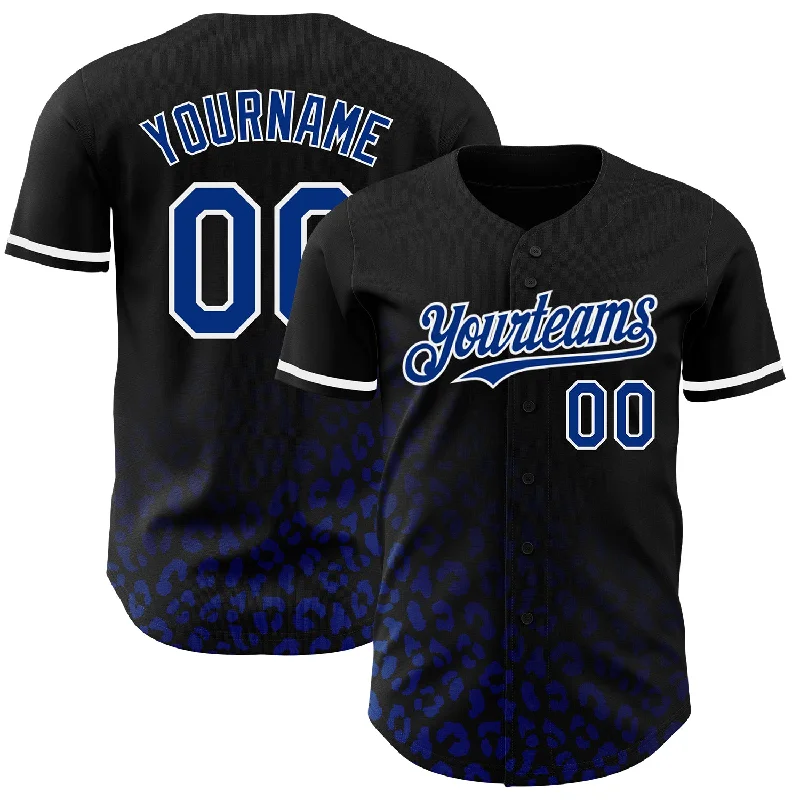 Baseball Jersey with Reinforced Shoulders for Protection-Custom Black Royal-White 3D Pattern Design Leopard Print Fade Fashion Authentic Baseball Jersey