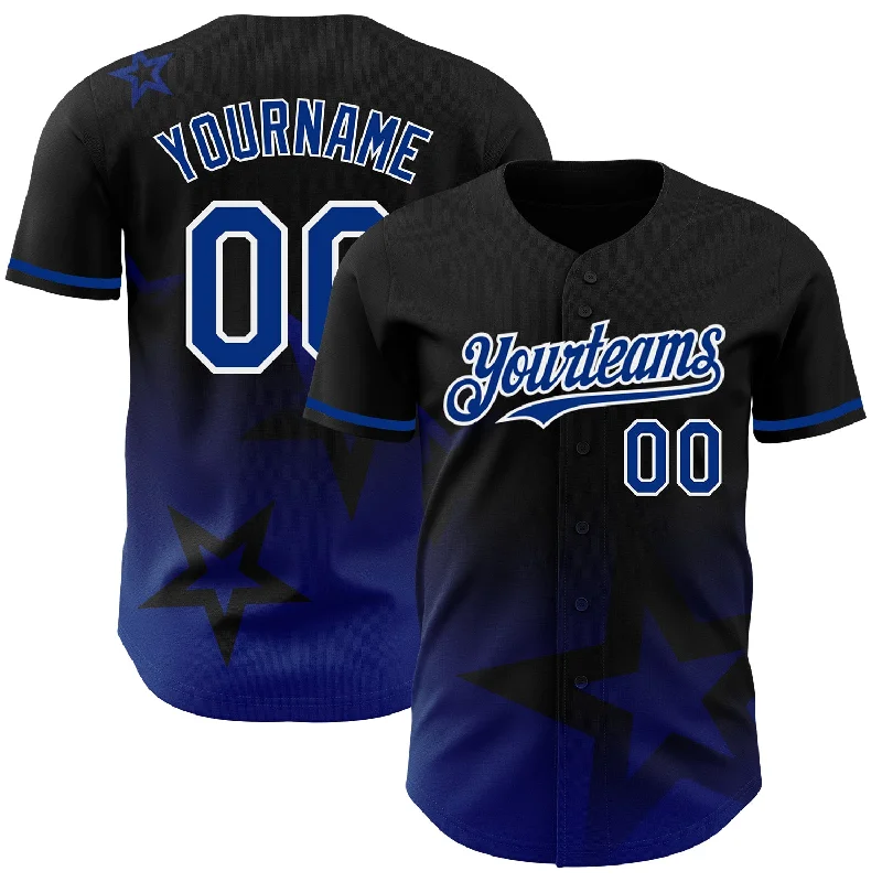 Baseball Jersey for Durable and Breathable Fabric-Custom Black Royal-White 3D Pattern Design Gradient Style Twinkle Star Authentic Baseball Jersey