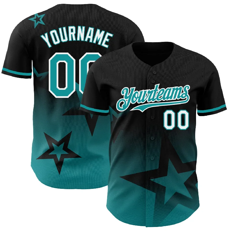 Baseball Jersey for Maximum Comfort During Long Games-Custom Black Teal-White 3D Pattern Design Gradient Style Twinkle Star Authentic Baseball Jersey