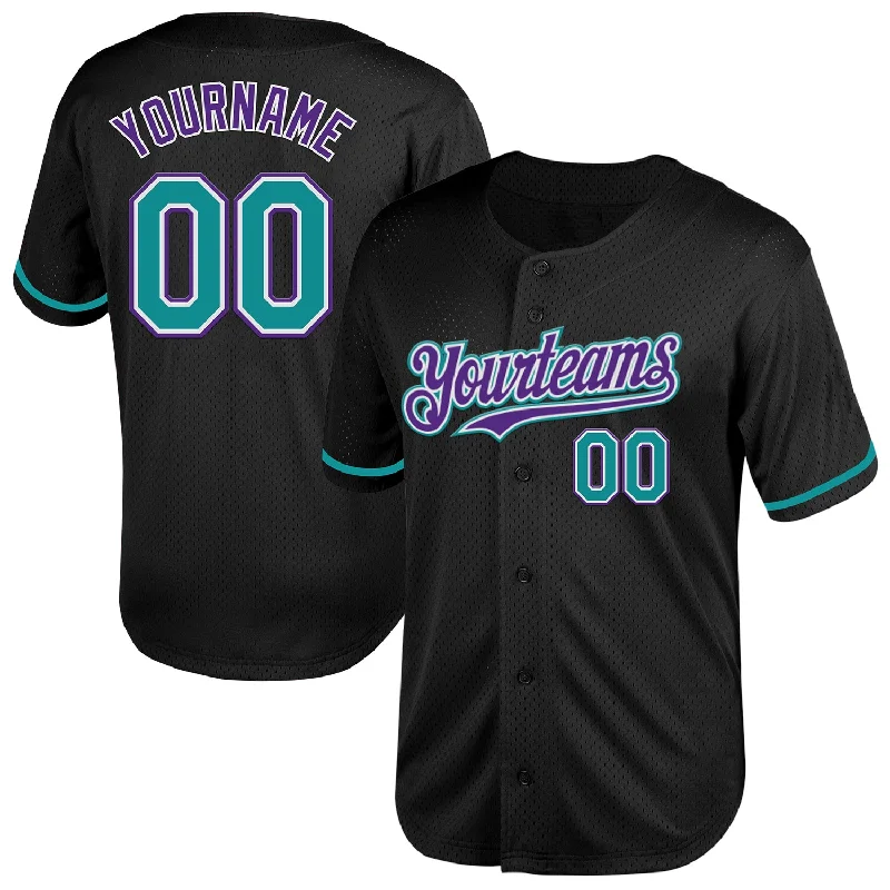 Baseball Jersey for Warm-Weather Play and Cool Comfort-Custom Black Teal-Purple Mesh Authentic Throwback Baseball Jersey