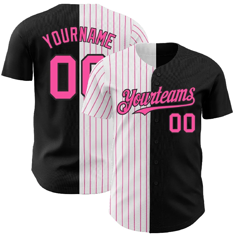 Baseball Jersey with Extra Stretch for Comfort and Flexibility-Custom Black White-Pink Pinstripe Authentic Split Fashion Baseball Jersey