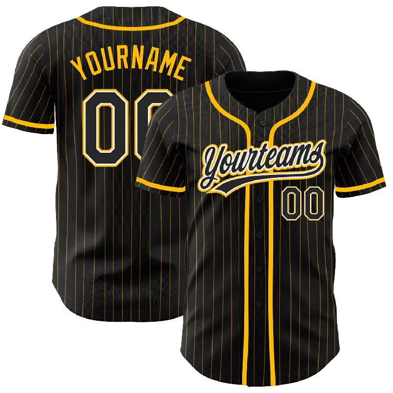 Baseball Jersey for Comfortable Swinging and Batting-Custom Black Gold Pinstripe Black-White Authentic Baseball Jersey