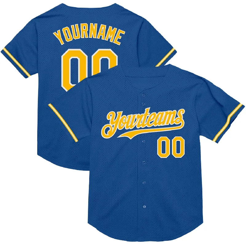 Baseball Jersey for Reliable Performance in All Games-Custom Blue Gold-White Mesh Authentic Throwback Baseball Jersey