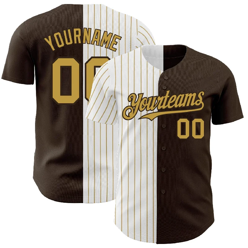 Custom Baseball Jersey for Team Uniforms-Custom Brown White-Old Gold Pinstripe Authentic Split Fashion Baseball Jersey