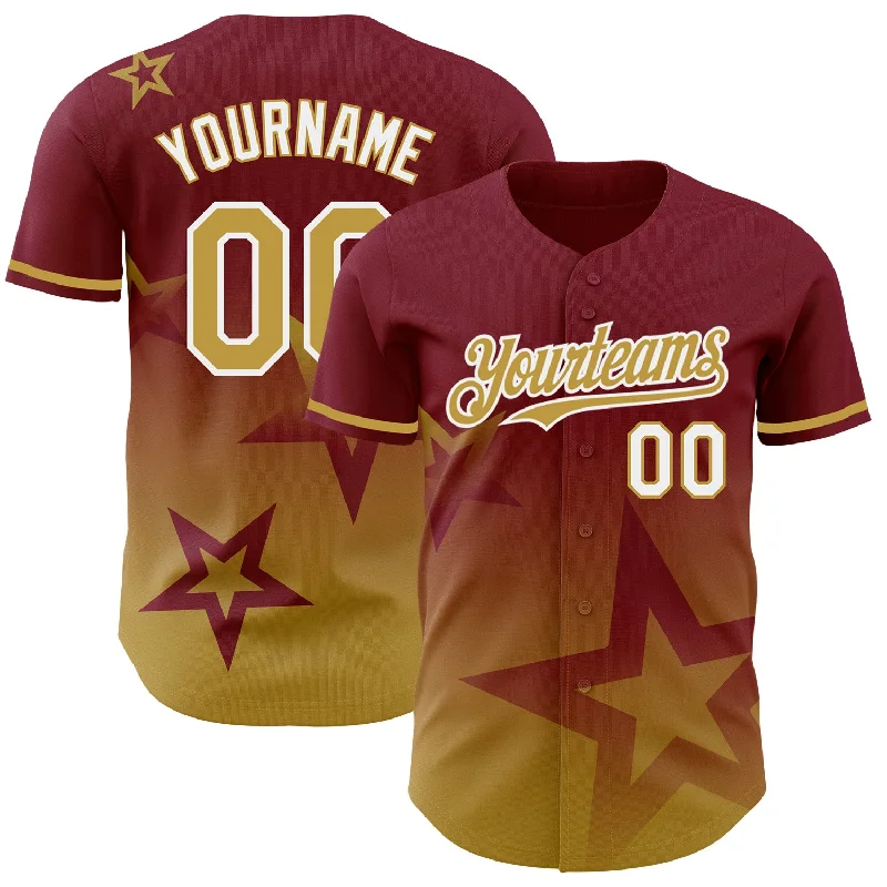 Baseball Jersey for Maximum Flexibility During Batting-Custom Crimson Old Gold-White 3D Pattern Design Gradient Style Twinkle Star Authentic Baseball Jersey