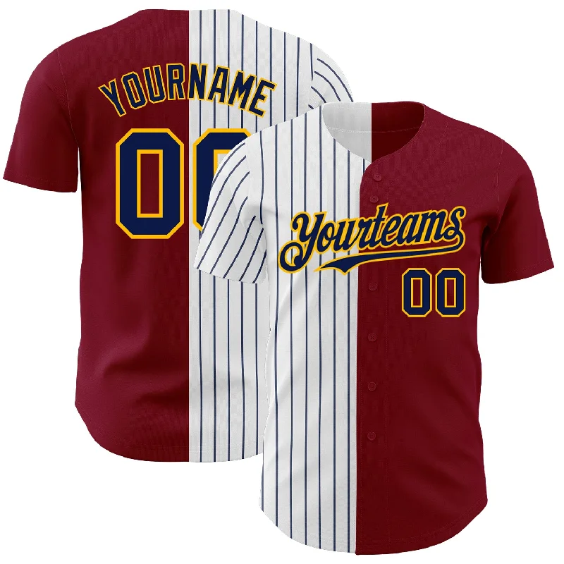 Baseball Jersey for Soft Feel and Flexible Play-Custom Crimson Gold-Navy Pinstripe Authentic Split Fashion Baseball Jersey