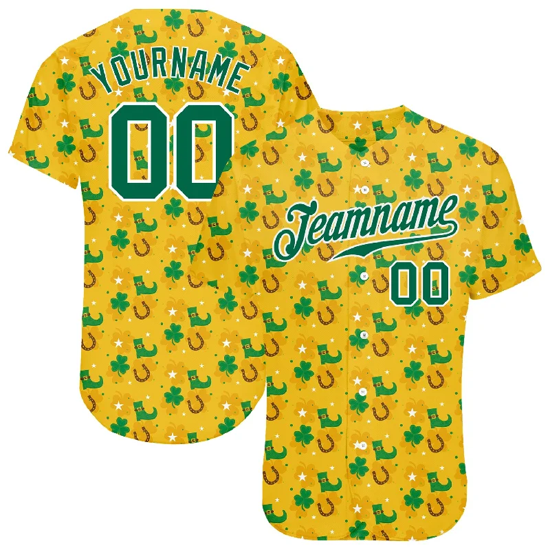 Baseball Jersey with Lightweight Design for Maximum Speed-Custom Gold Kelly Green-White 3D Pattern Design Authentic St. Patrick's Day Baseball Jersey