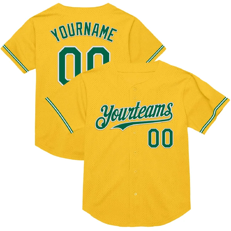 Baseball Jersey for Comfort in Every Game-Custom Gold Kelly Green-White Mesh Authentic Throwback Baseball Jersey