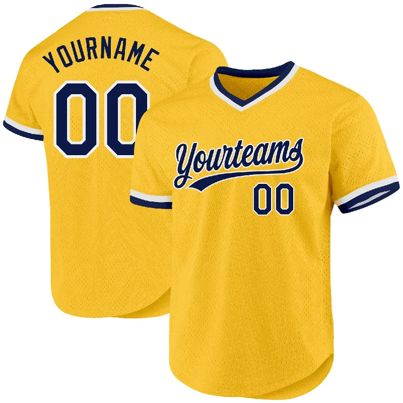 Baseball Jersey for Cooling Effect During High-Intensity Play-Custom Gold Navy-White Authentic Throwback Baseball Jersey