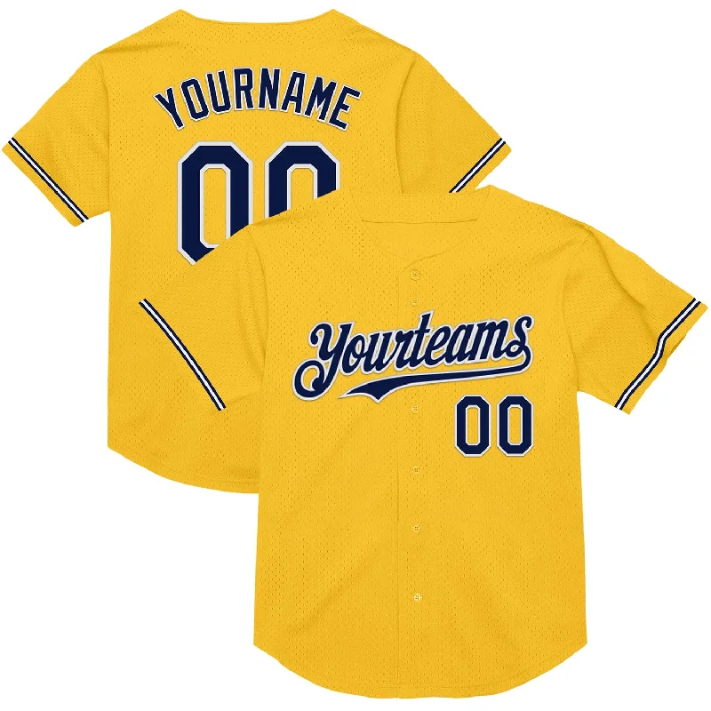 Baseball Jersey with Breathable Panels for Cooling-Custom Gold Navy-White Mesh Authentic Throwback Baseball Jersey