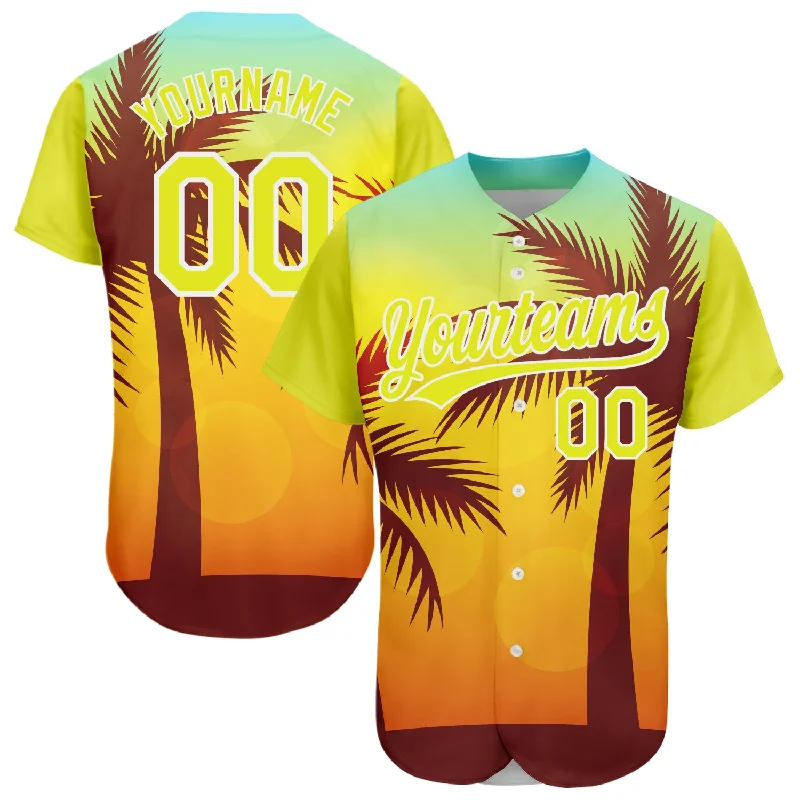 Baseball Jersey for Soft, Comfortable Wear-Custom Gold Neon Yellow-White 3D Pattern Design Hawaii Palm Trees Authentic Baseball Jersey