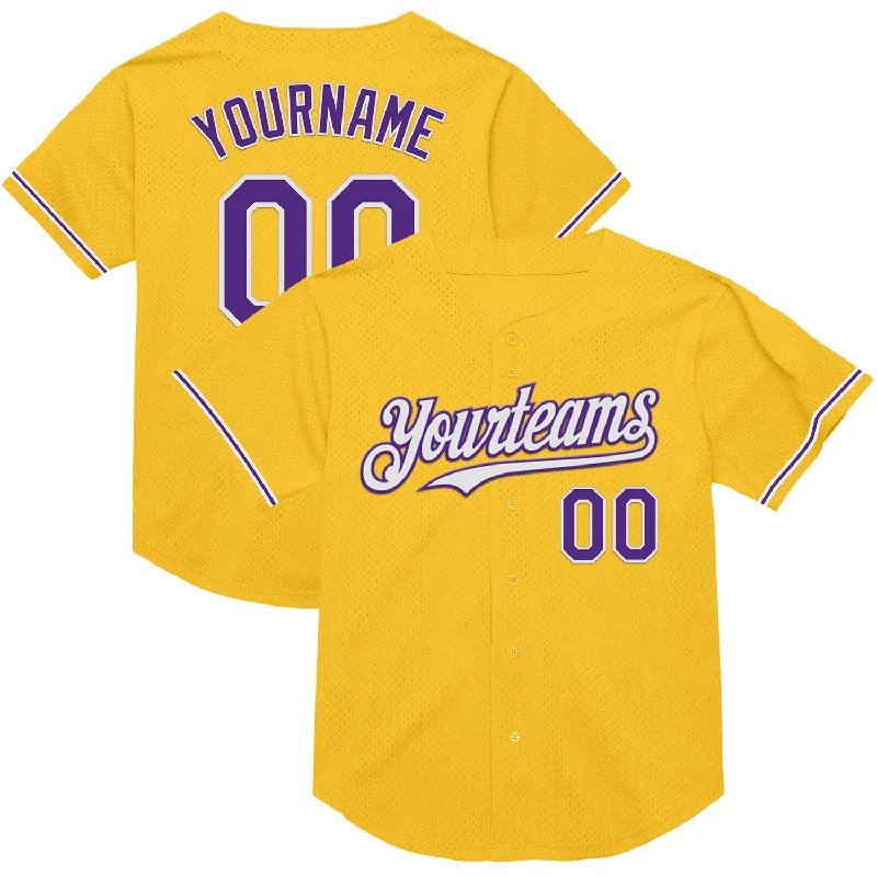 Baseball Jersey for Comfortable Play During Training-Custom Gold Purple-White Mesh Authentic Throwback Baseball Jersey