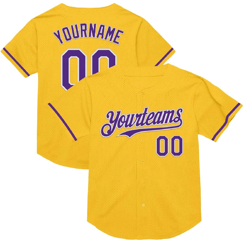 Baseball Jersey for Comfortable Fit for Batting-Custom Gold Purple-White Mesh Authentic Throwback Baseball Jersey