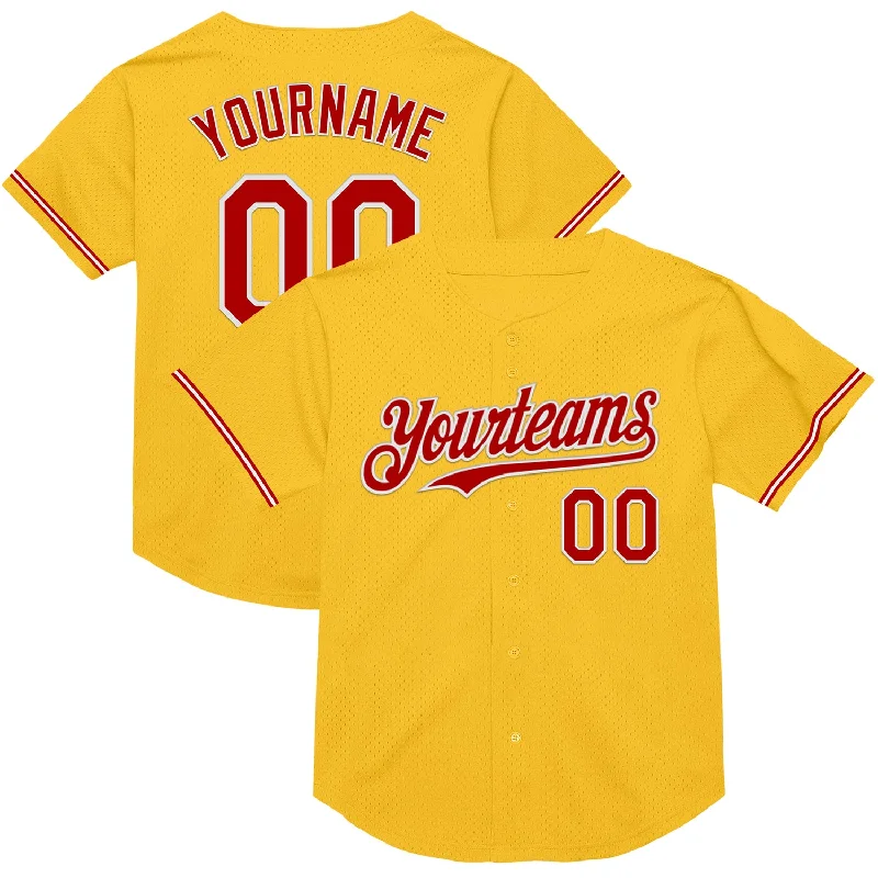 Baseball Jersey with Adjustable Fit for All Sizes-Custom Gold Red-White Mesh Authentic Throwback Baseball Jersey