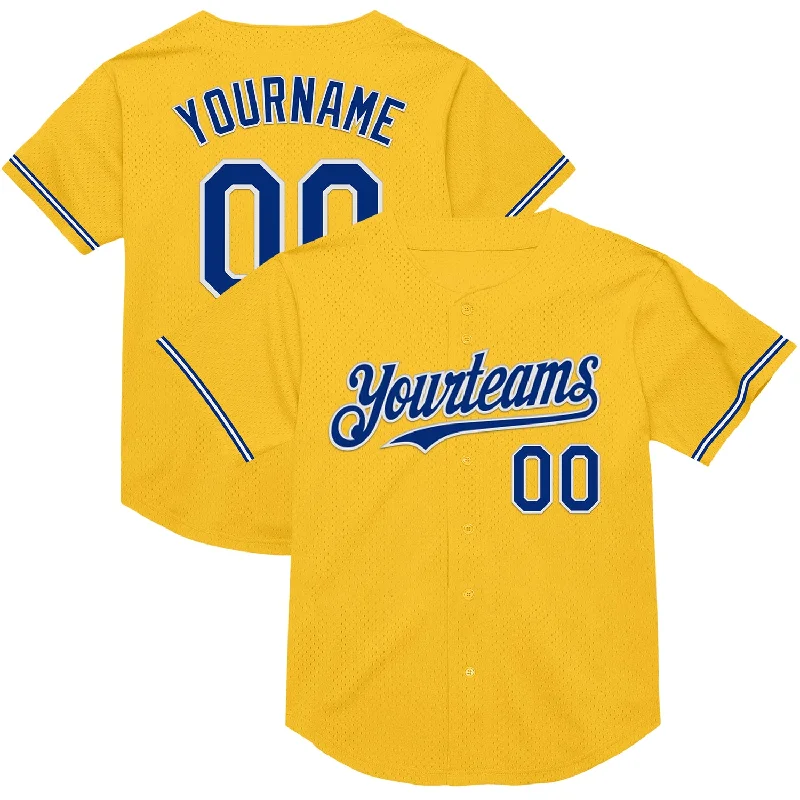 Baseball Jersey for Tight, Athletic Fit-Custom Gold Royal-White Mesh Authentic Throwback Baseball Jersey