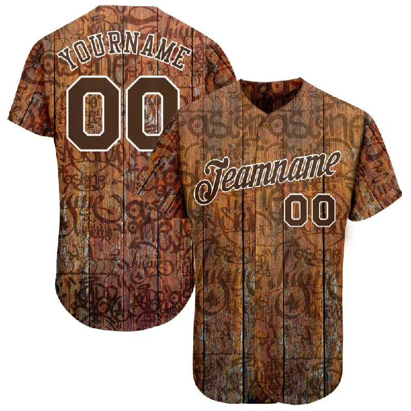 Baseball Jersey for Lightweight and Breathable Play-Custom Graffiti Pattern Brown-White 3D Wood Authentic Baseball Jersey