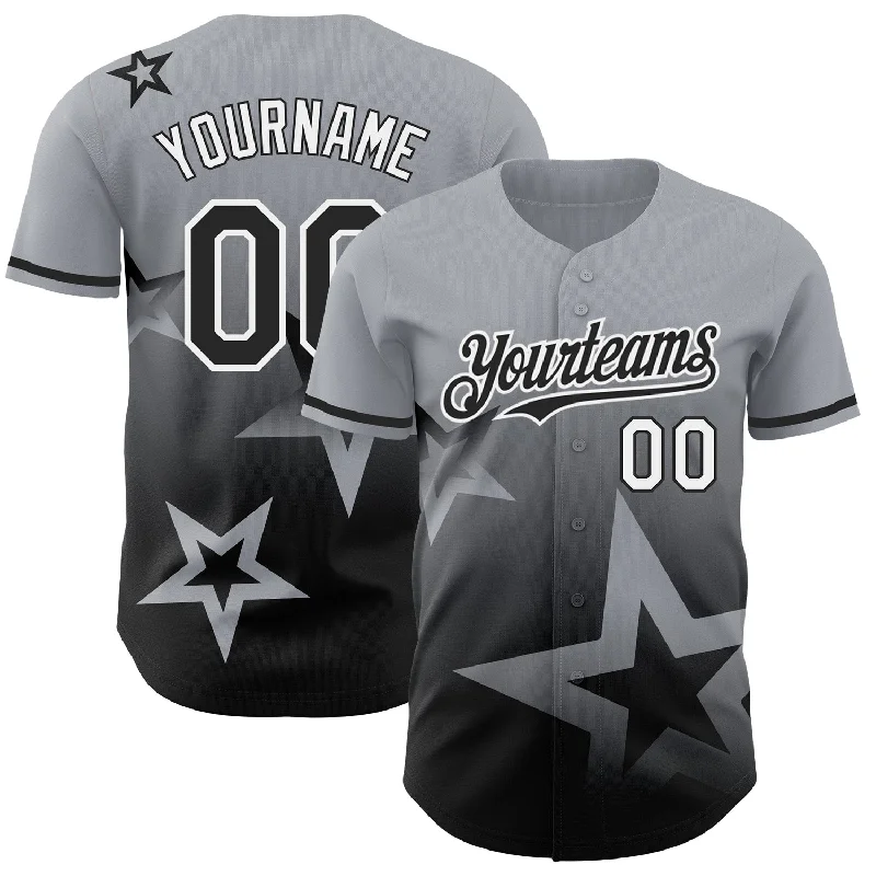 Baseball Jersey with Moisture Control-Custom Gray Black-White 3D Pattern Design Gradient Style Twinkle Star Authentic Baseball Jersey