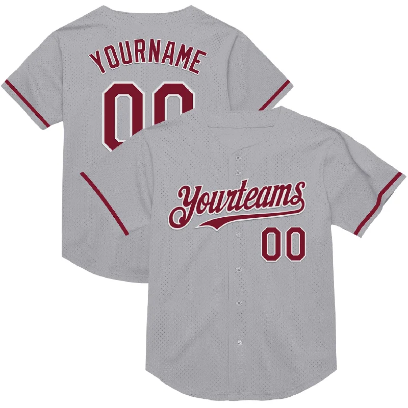 Baseball Jersey for Lightweight Play-Custom Gray Crimson-White Mesh Authentic Throwback Baseball Jersey