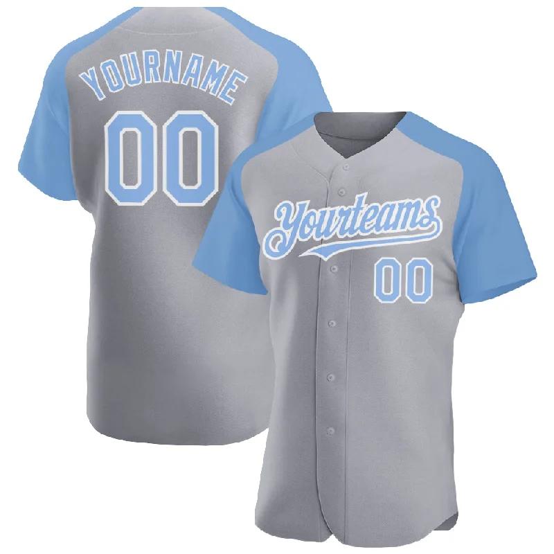 Baseball Jersey with Breathable Fabric-Custom Gray Light Blue-White Authentic Raglan Sleeves Baseball Jersey