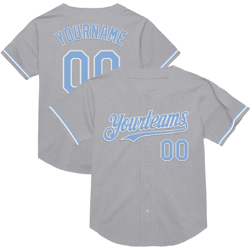 Best Baseball Jersey for Comfort-Custom Gray Light Blue-White Mesh Authentic Throwback Baseball Jersey