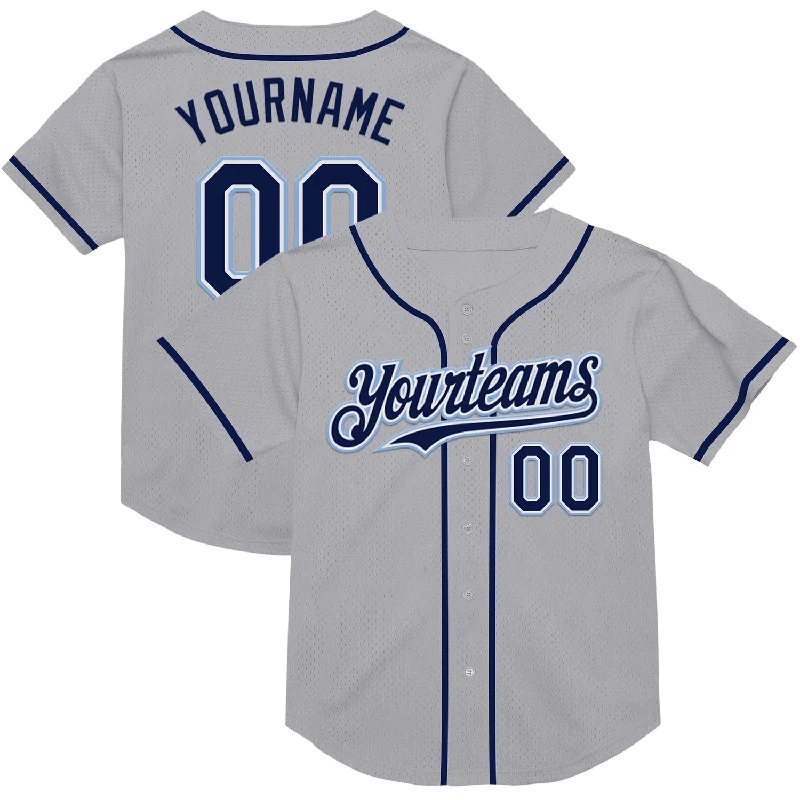 Baseball Jersey with Reinforced Seams for Durability-Custom Gray Navy-Light Blue Mesh Authentic Throwback Baseball Jersey