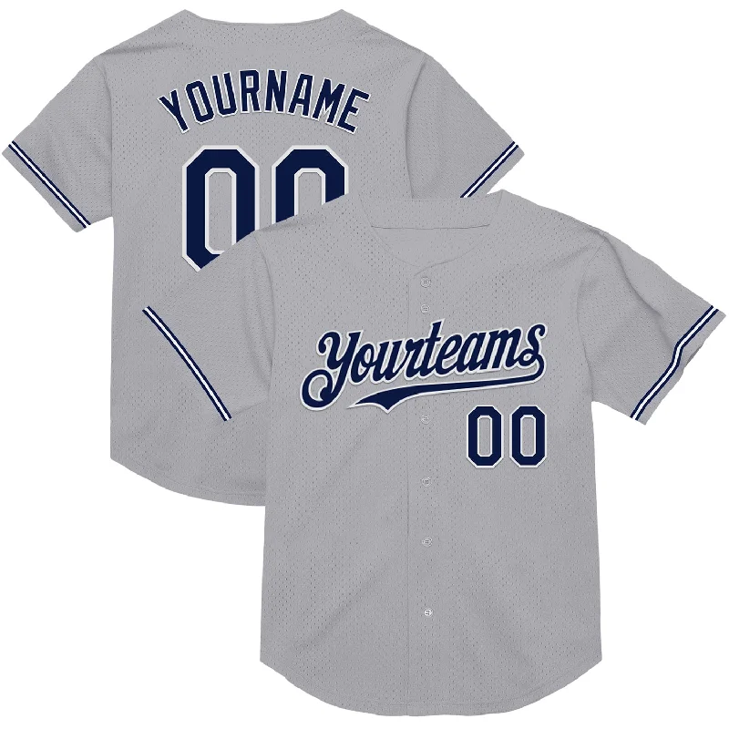 Baseball Jersey for Fast, Efficient Performance-Custom Gray Navy-White Mesh Authentic Throwback Baseball Jersey