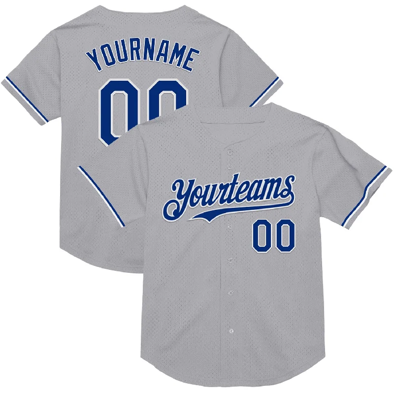 Baseball Jersey for Soft Feel and Flexible Play-Custom Gray Royal-White Mesh Authentic Throwback Baseball Jersey