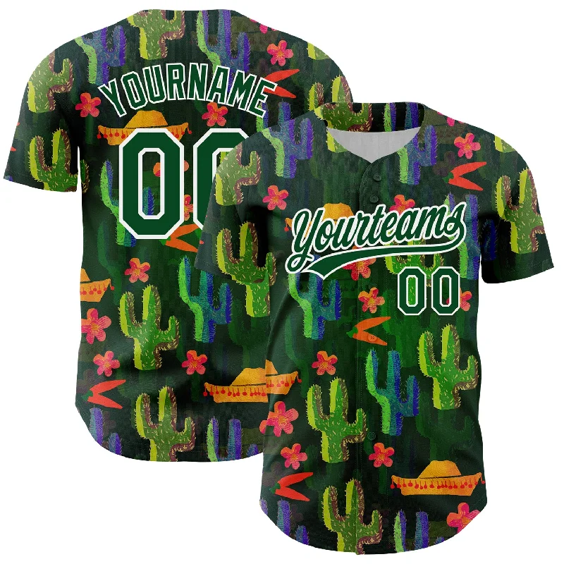 Baseball Jersey for Pro-Level Performance-Custom Green White 3D Pattern Design Cactus Festival Authentic Baseball Jersey