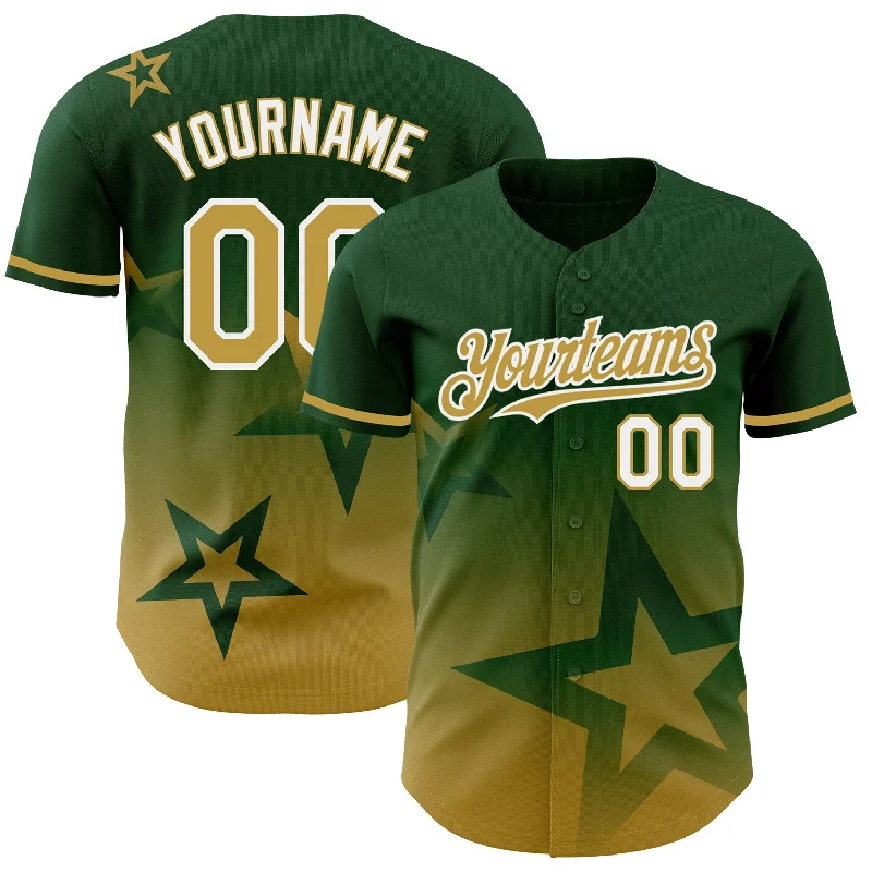 Baseball Jersey for Youth League Games-Custom Green Old Gold-White 3D Pattern Design Gradient Style Twinkle Star Authentic Baseball Jersey