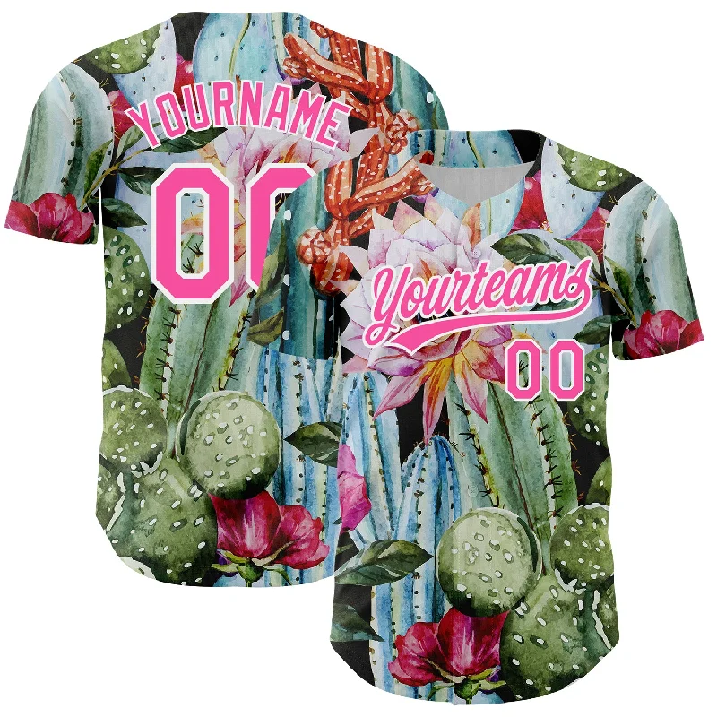 Baseball Jersey for Comfortable Fit and Look-Custom Green Pink-White 3D Pattern Design Cactus Festival Authentic Baseball Jersey