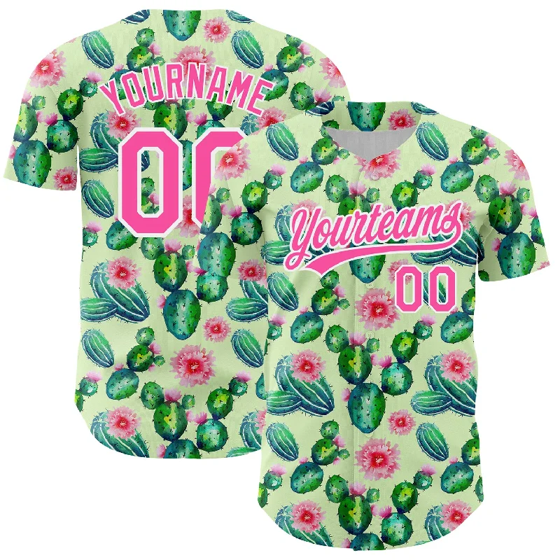 Baseball Jersey for Training and Matches-Custom Green Pink-White 3D Pattern Design Cactus Festival Authentic Baseball Jersey