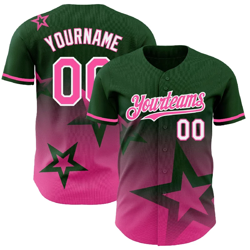 Baseball Jersey for Cool and Comfortable Play-Custom Green Pink-White 3D Pattern Design Gradient Style Twinkle Star Authentic Baseball Jersey