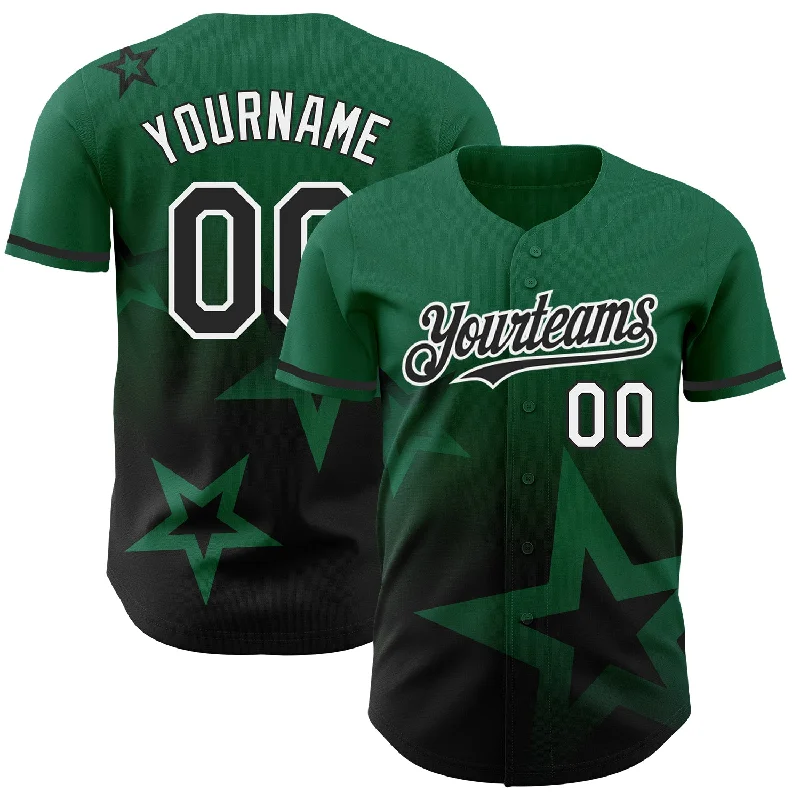 Baseball Jersey for Fast-Paced Games-Custom Kelly Green Black-White 3D Pattern Design Gradient Style Twinkle Star Authentic Baseball Jersey