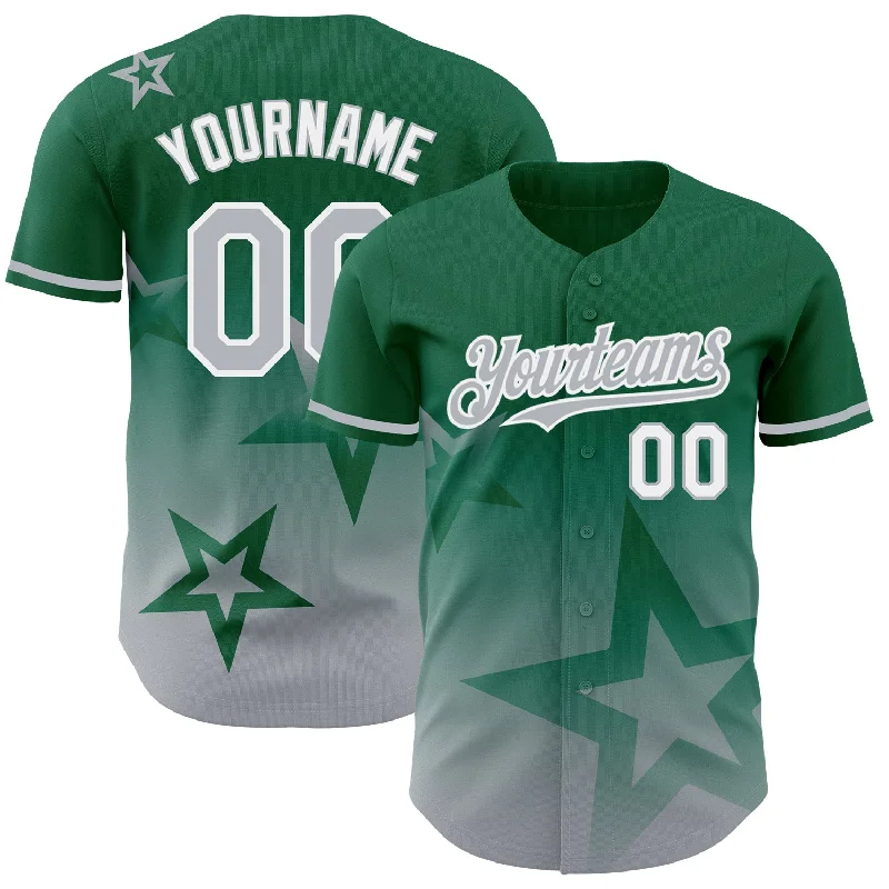 Baseball Jersey for Softball and Baseball Players-Custom Kelly Green Gray-White 3D Pattern Design Gradient Style Twinkle Star Authentic Baseball Jersey