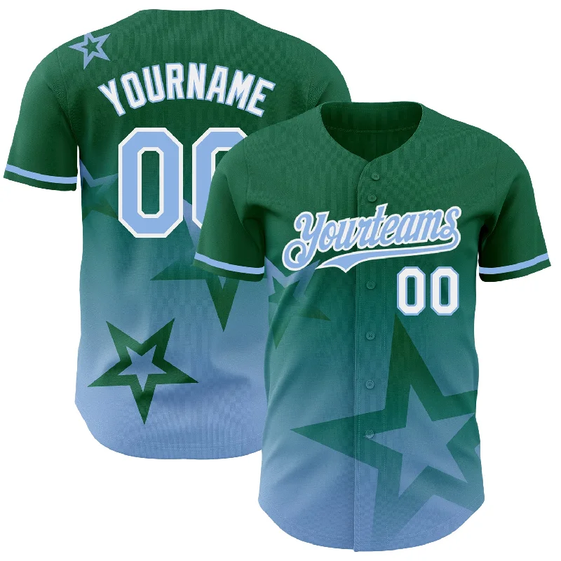 Baseball Jersey with Breathable Fabric-Custom Kelly Green Light Blue-White 3D Pattern Design Gradient Style Twinkle Star Authentic Baseball Jersey