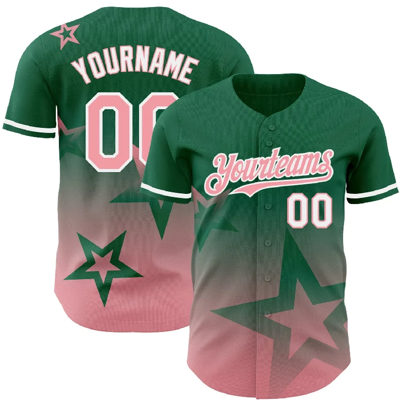 Baseball Jersey for Youth Players-Custom Kelly Green Medium Pink-White 3D Pattern Design Gradient Style Twinkle Star Authentic Baseball Jersey