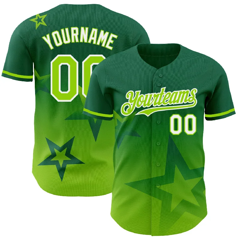 Baseball Jersey for Lightweight Play-Custom Kelly Green Neon Green-White 3D Pattern Design Gradient Style Twinkle Star Authentic Baseball Jersey