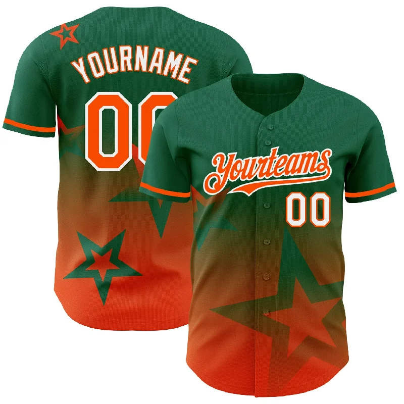 Baseball Jersey for All-Weather Play-Custom Kelly Green Orange-White 3D Pattern Design Gradient Style Twinkle Star Authentic Baseball Jersey