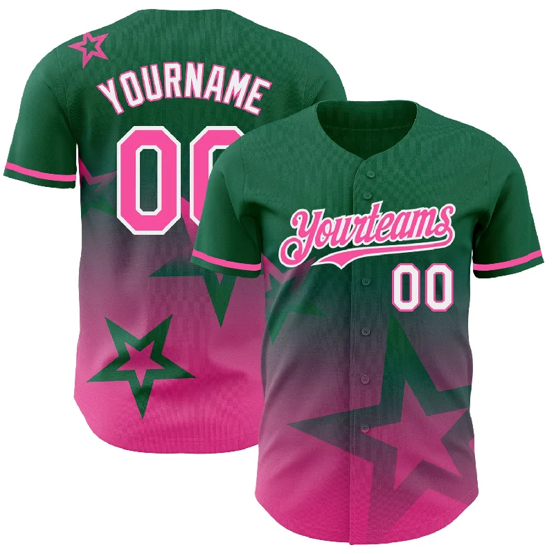 Baseball Jersey for Maximum Durability-Custom Kelly Green Pink-White 3D Pattern Design Gradient Style Twinkle Star Authentic Baseball Jersey