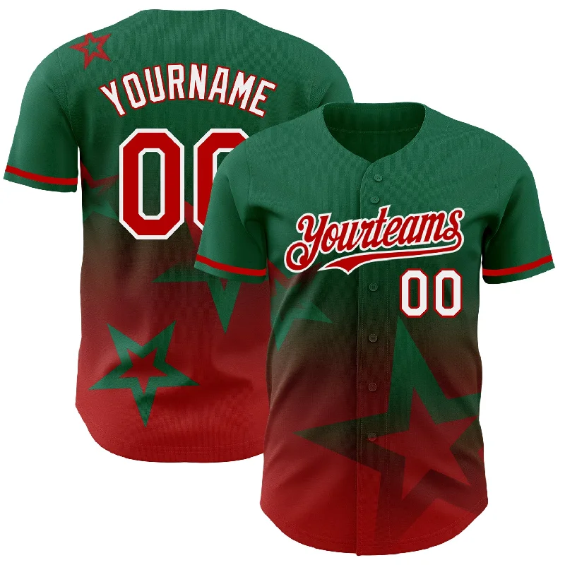 Baseball Jersey with Stretch Panels for Flexibility-Custom Kelly Green Red-White 3D Pattern Design Gradient Style Twinkle Star Authentic Baseball Jersey