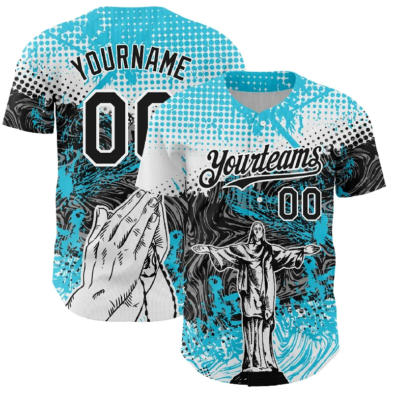 Baseball Jersey for Soft Feel and Breathable Comfort-Custom Light Blue Black-White 3D Pattern Design Religion Jesus Christ Authentic Baseball Jersey