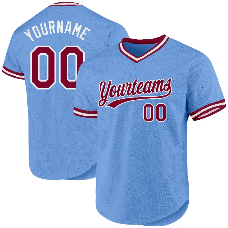 Baseball Jersey for All-Weather Game-Day Comfort-Custom Light Blue Maroon-White Authentic Throwback Baseball Jersey